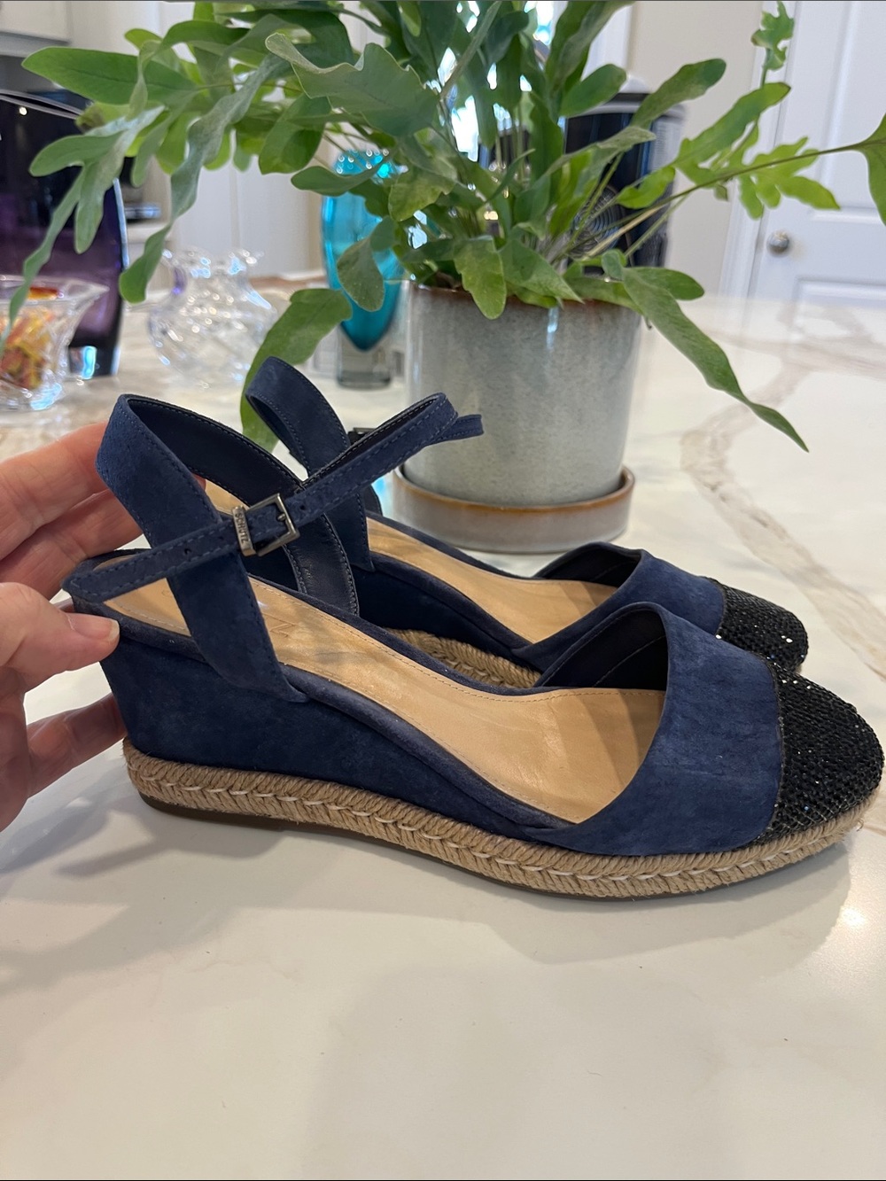 SCHUTZ Royal blue Suede Espadrille 2.5”Wedge Sandals with Black Stone Beaded Toe